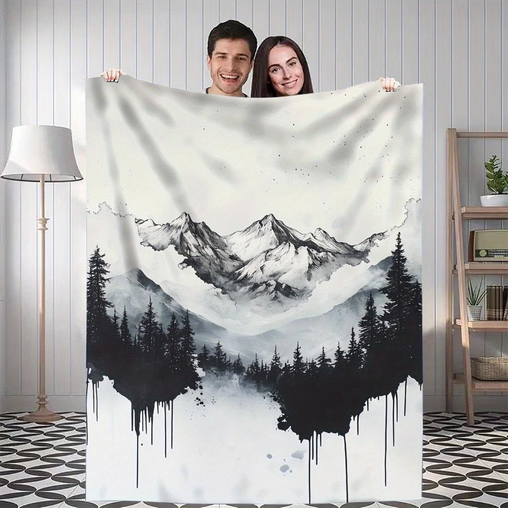 1pc Ink Wash Landscape Printed Blanket - All-Season Soft Flannel Throw with Mountain & Forest Design, Versatile for Home, Bedroo