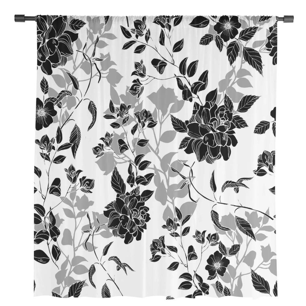 Black And White Flowers Sheer Curtains for Bedroom Living Room Decoration Window Curtain for Kitchen Tulle Voile Organza Drapes