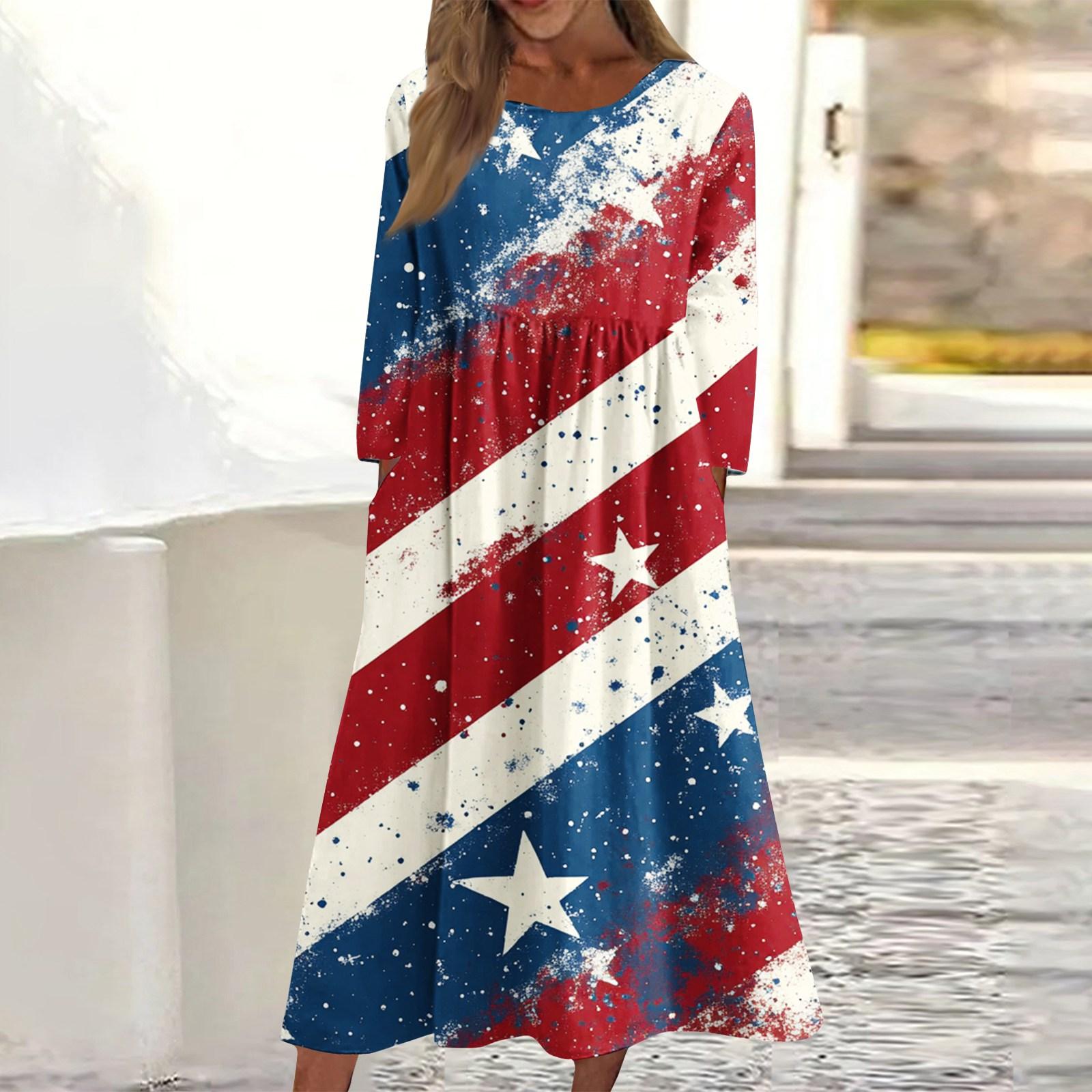

Women s Casual Crewneck Independence Day Festival Printed Midi Dress Long Sleeve Pocket Dress L синий