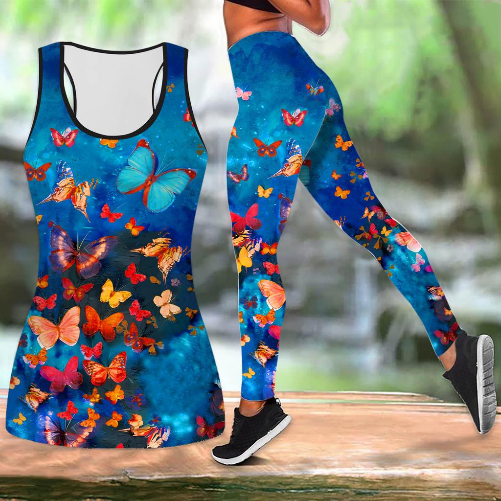 Autumn Butterfly Print Yoga Outfit for Women Fashion Workout Leggings Fitness Sports Casual Yoga Set Sports Suit