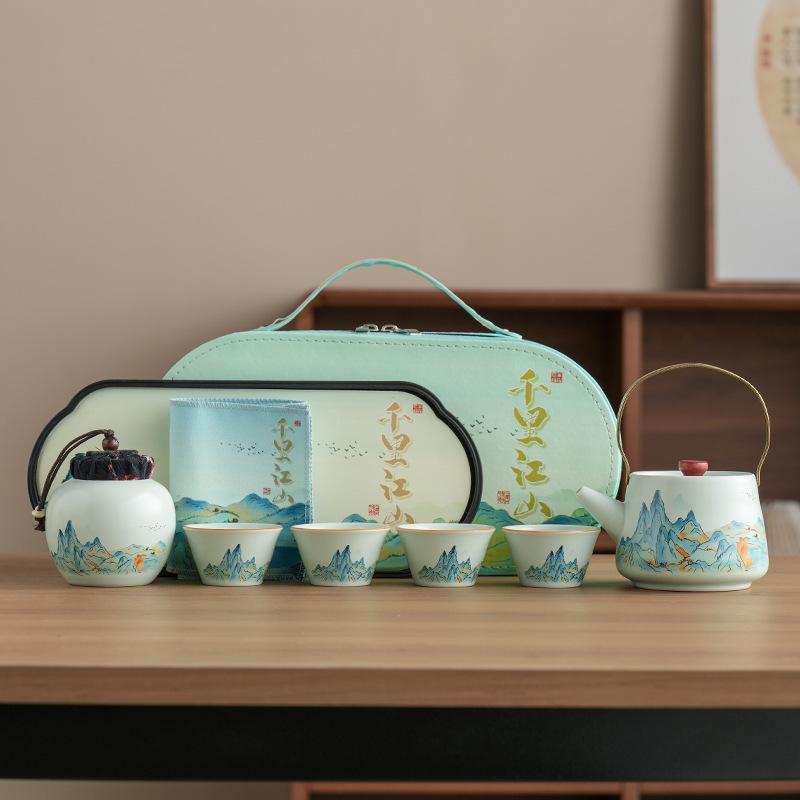 Company annual meeting gifts thousands of miles of Jiangshan Ru kiln travel tea set teapot souvenir portable Kung Fu Kuaike cup