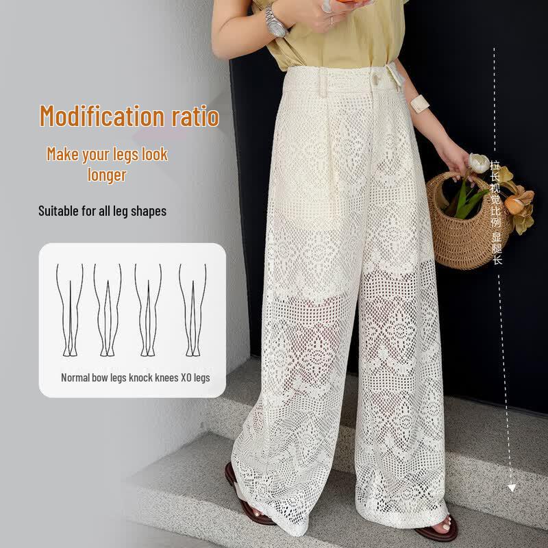 Bailuyu French Retro High-Waist Hollow-Out Embroidered Straight-Leg Pants