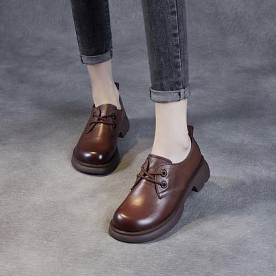 British Round Head Lace-up Low-heeled Soft Leather Soft-soled Shoes Flat-heeled Shoes Low-heeled Women's Shoes