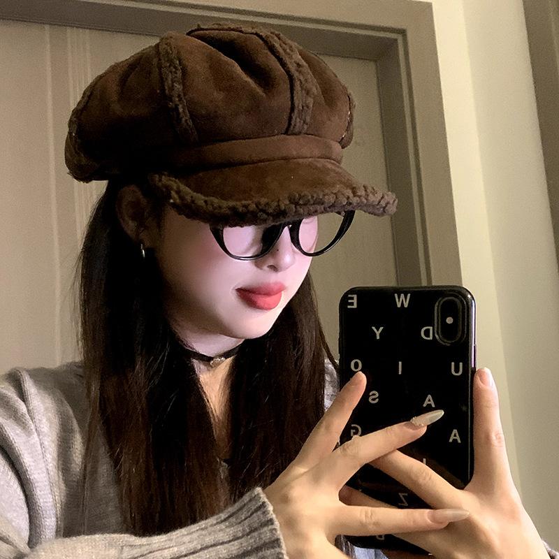 Suede beret children autumn and winter retro versatile duck tongue painter hat thickened warm face small octagonal hat