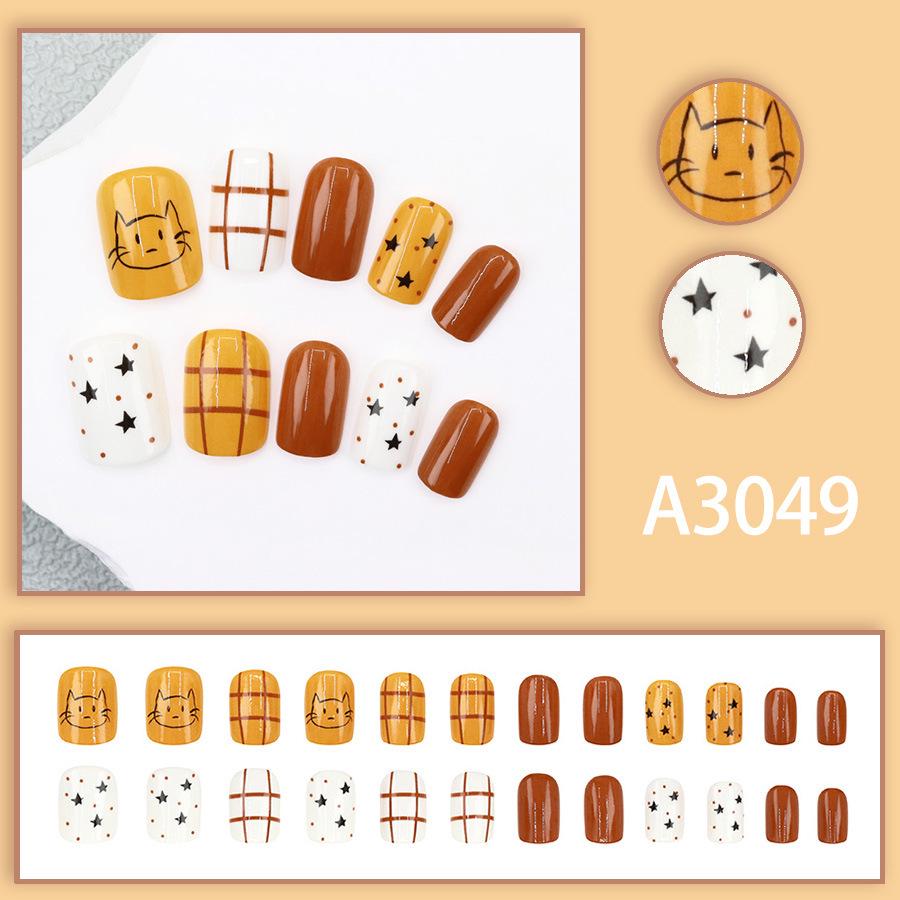 

Autumn/Winter Square Cartoon Plaid Cat Star Nail Stickers, 24-Piece Set