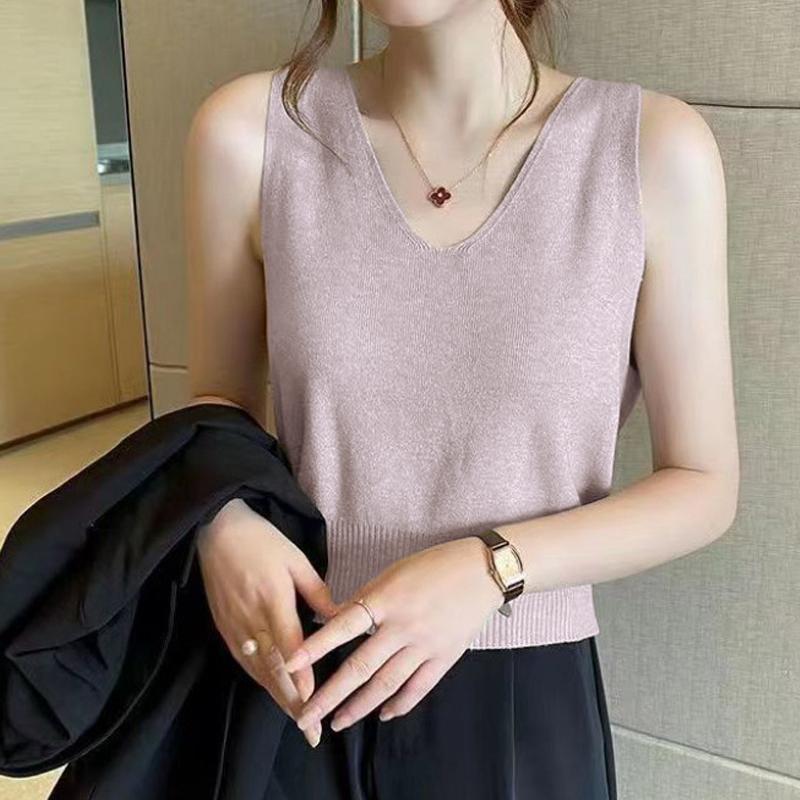 French Solid Color V-Neck Sleeveless Simple Casual Knitted Vest For Women