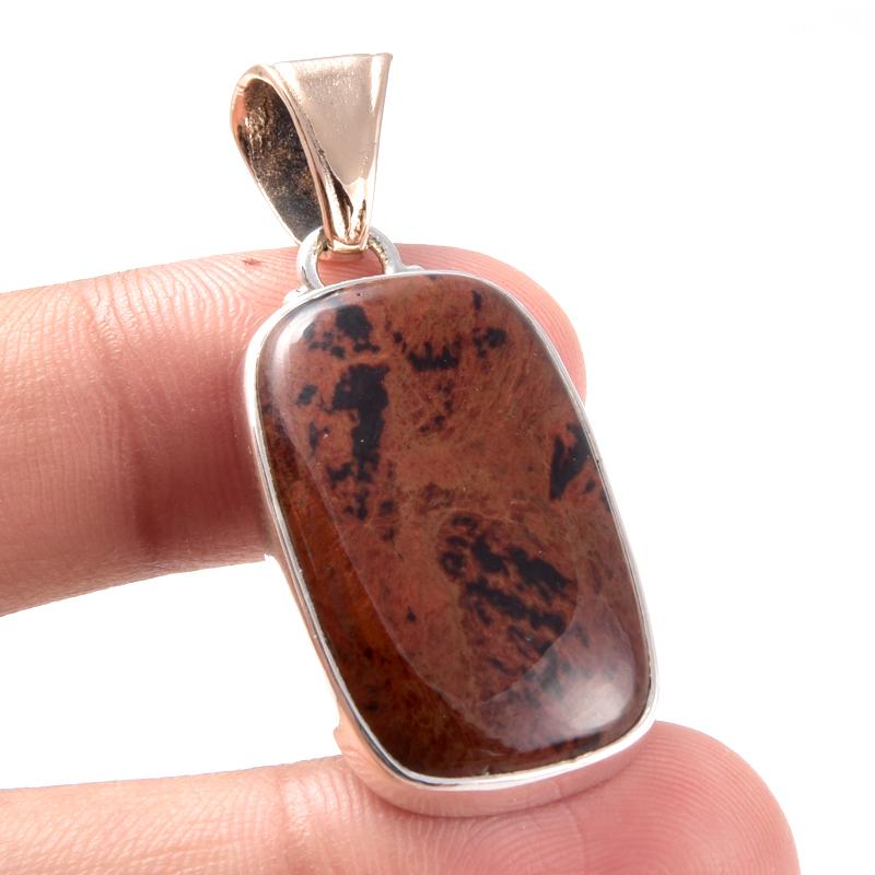 Natural Mahogany Red Obsidian 925 Sterling Silver Gift TwoTone Pendant 1.7" o5I87