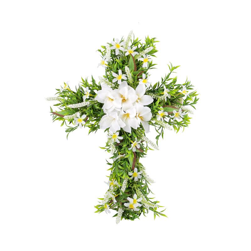 38*50cm Cross simulation lily garland for home decor, Christmas front door hanging wreath, wall hanging cross decoration