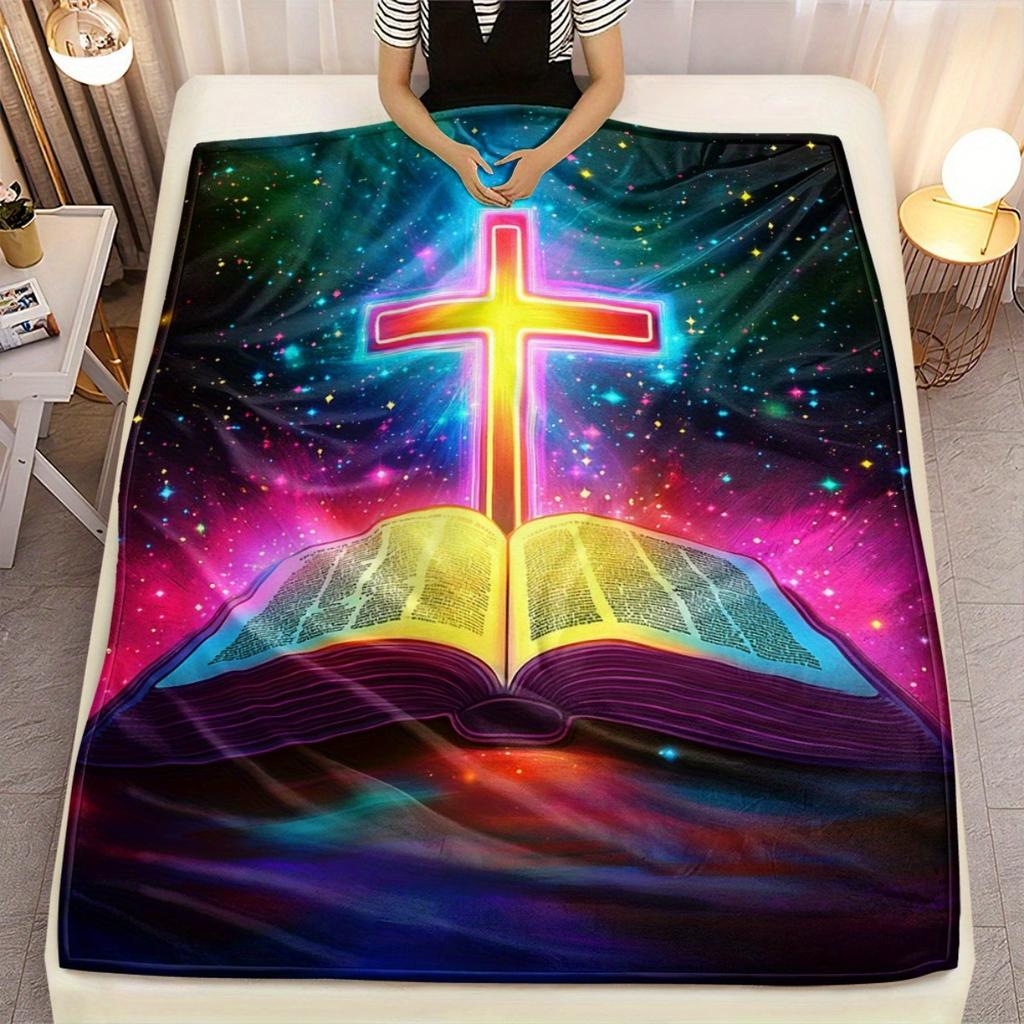 1 Stück Kreuz und Bibel Religiöse Decke - Ultra-Weiche Leichte Flanell-Wohndecke mit Neon-Evangelienbuch