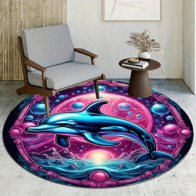 Cute Purple Dolphin Round Rug Nonslip Area Rug Office Chair Mat Carpet For Living Room Bedroom Home Decor