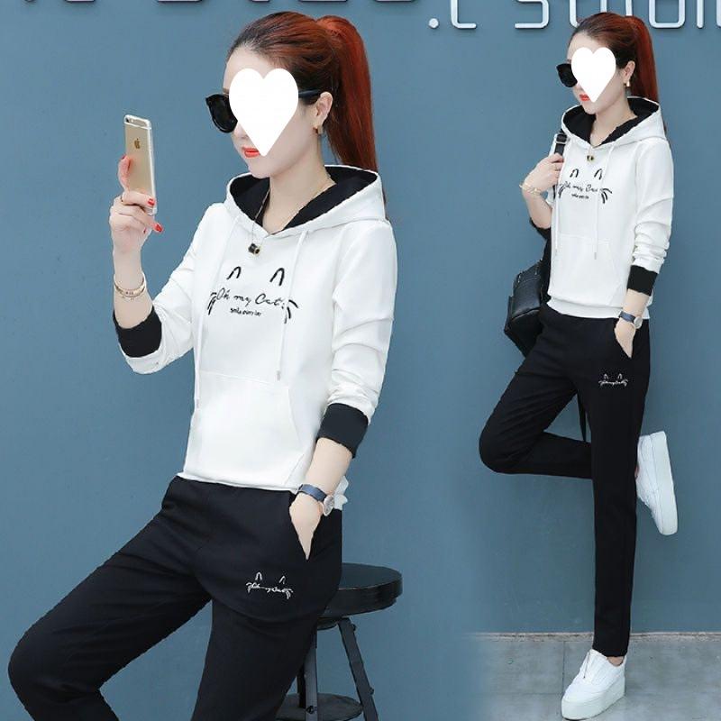 Embroidered Hooded Autumn Casual Sports Suit for Women Korean Style Loose Long-sleeved Student Two-piece Set