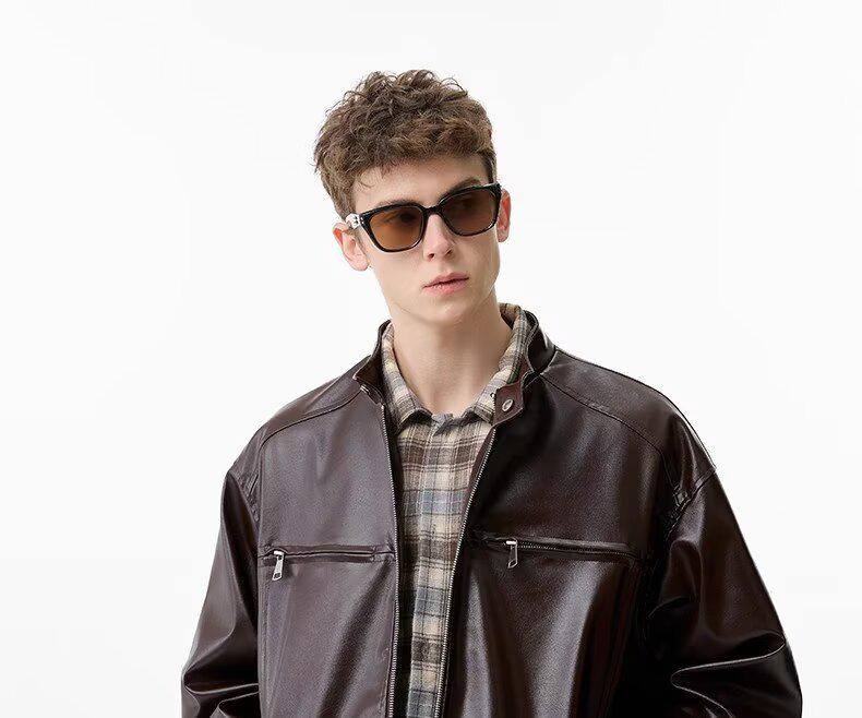 Men's Retro High-End Leather Motorcycle Jacket with Stand Collar - Loose Fit, Plus Size, Fashionable Casual Outerwear.