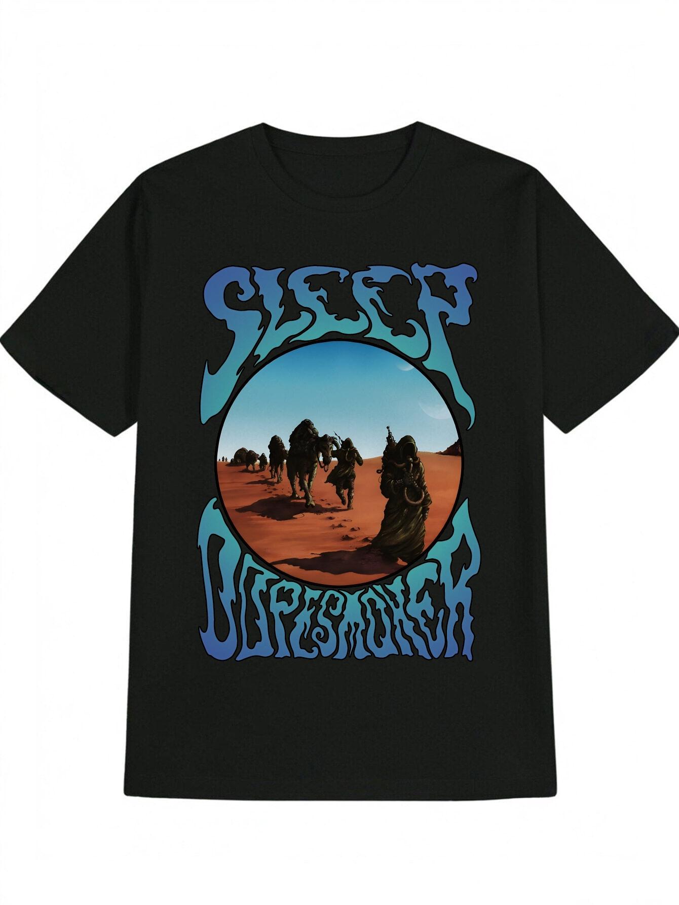 

Casual Graphic T-shirt with Desert Scene & Sleep In The Moonlight Print - Black Round Neck Summer Tee S