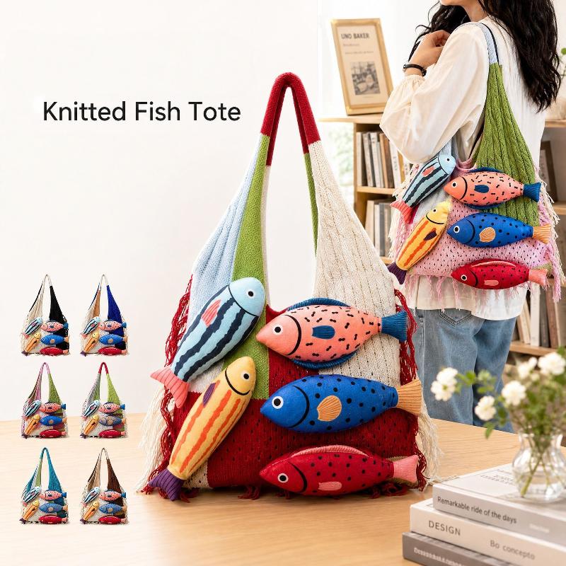 1 Pezzo Borsa a Shopper con Tagli a Contrasto Pesciolino Carino Borsa Lavorata a Maglia Rilassata Estiva Versatile per Pendolari Borsa a Spalla