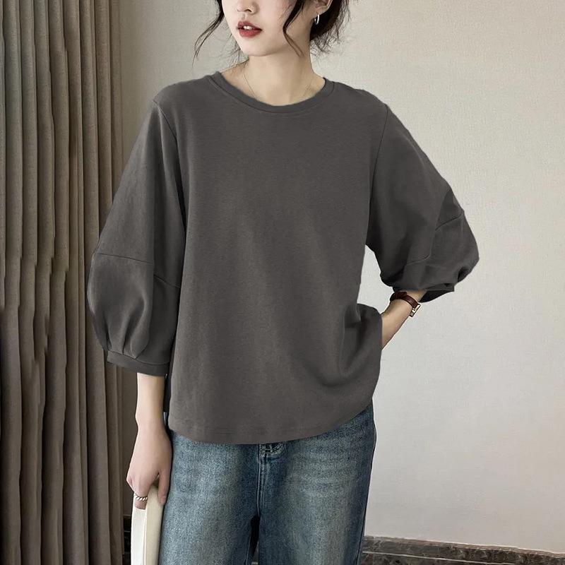 Women's Retro Lantern Sleeve T-Shirt - Hong Kong Style, Casual 3/4 Sleeve Top, Spring/Summer 2026 Collection