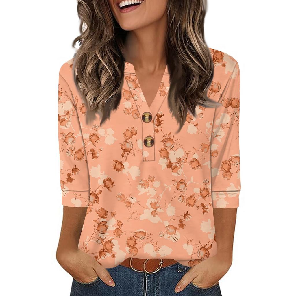 Ladies' Fashionable Casual Retro Floral Print Three-quarter Sleeve Loose V-neck Button Shirt