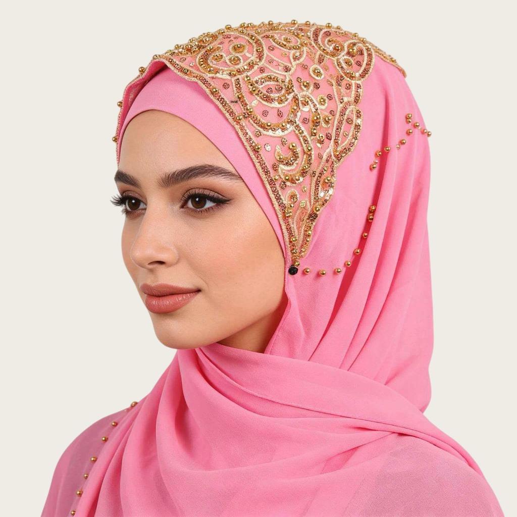 A092 Beaded Chiffon Ethnic Headscarf - Southeast Asia Fashion Scarf
