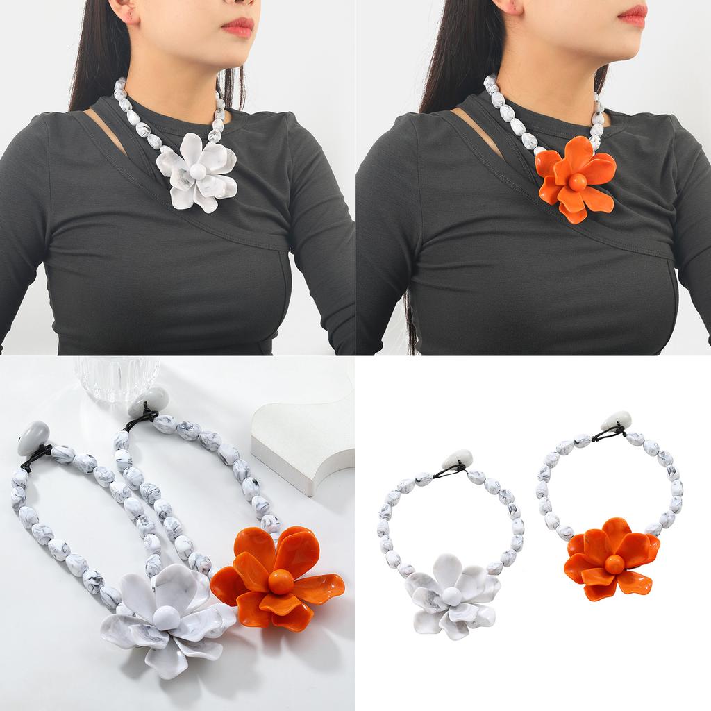 Resin Beaded Statement Necklace Large Colorful Flower Pendant Neckchain Adjustable Length Clavicle Chain for Women