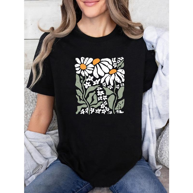 Unisex Boho Daisy Floral Tee Black White Daisy Print Round Neck Short Sleeve Breathable Soft Casual S