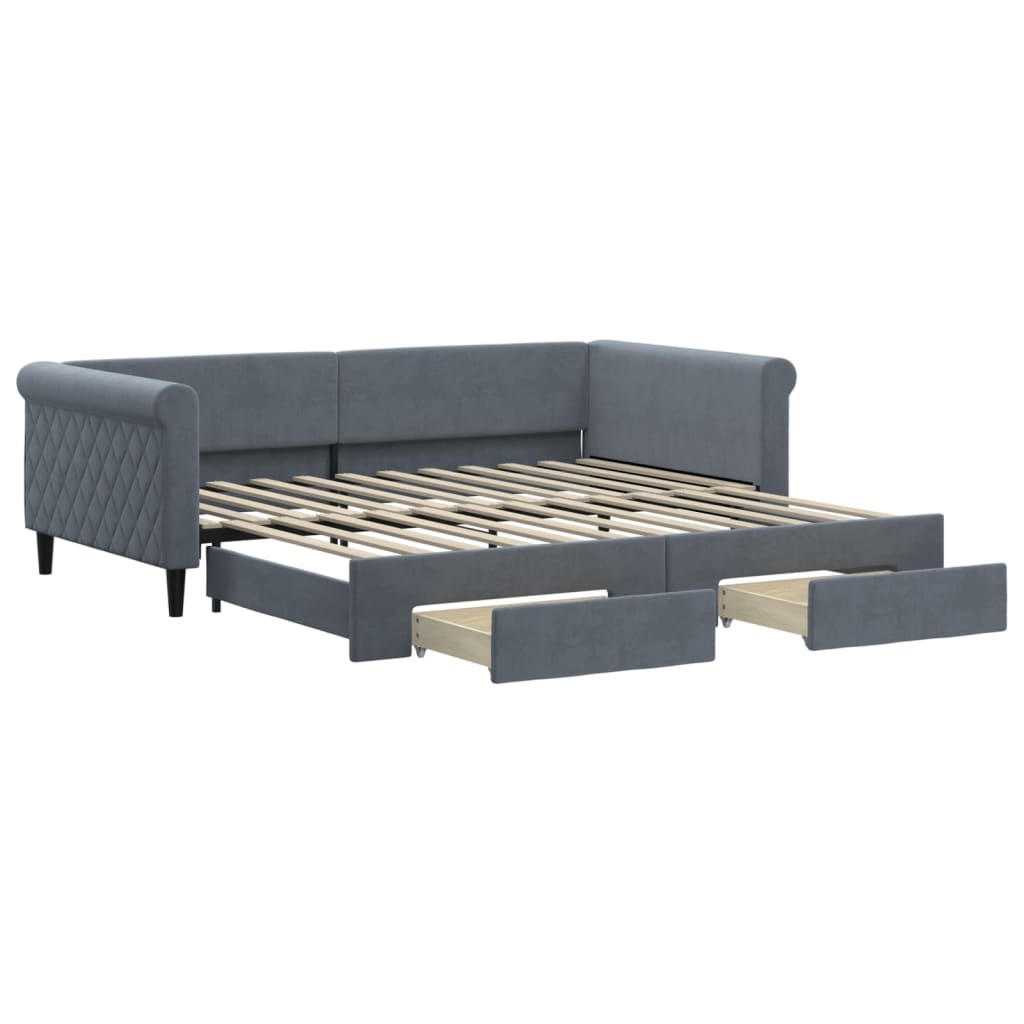Extendable Daybed with Drawers Dark Grey 100 X 200 Cm Velvet