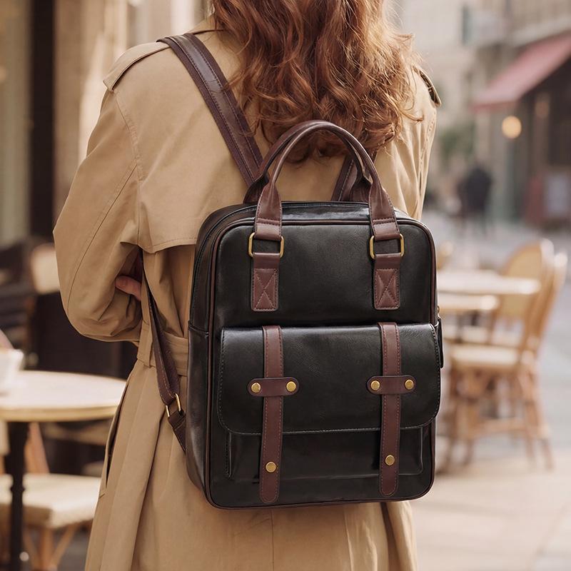 Vintage PU-Rucksack für Damen mit verstellbaren Trägern und Frontklappendesign Klassische Schultasche für Arbeit und täglichen Gebrauch
