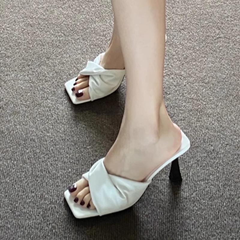 Fashion Women Square Toe Slippers Heeled Sandals High Heels Shoes Shallow 2025 Summer Fashion Open Toe Pumps Elegant Dress Sandalias