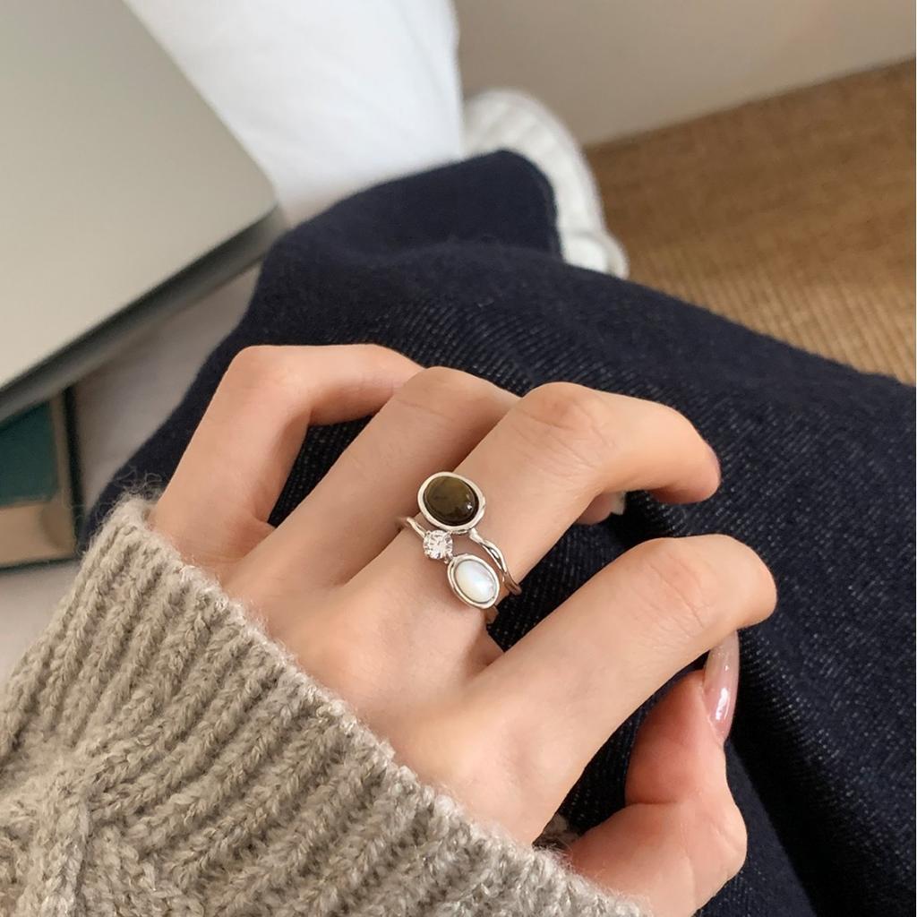 Tiger's eye stone rhinestone double-layer ring design retro index finger ring, no color loss texture ring