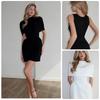 White Short Sleeve Dress Slim Fit Mini A-line Stand Collar Elegant Lady Party Cocktail Gown