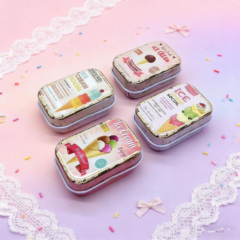 Retro Metal Storage Tin Box Ice Cream Pattern Sealed Lid Durable Small Organizer for Jewelry Rings Craft Small Parts