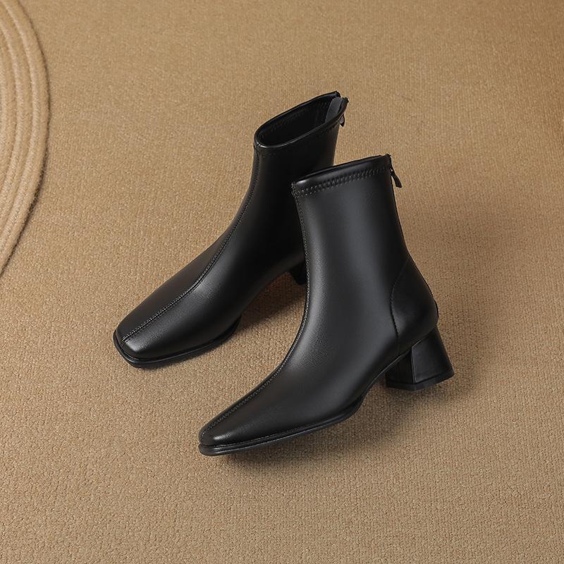 thick heel square head thin boots women's medium tube fashion simple temperament rear zipper autumn and winter new French soft leather Martin boots