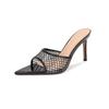 Women's high-end sheepskin, black grid rhinestone high-heeled slippers, thin heels, pointed open-toed high heels, not tiring to wear outside