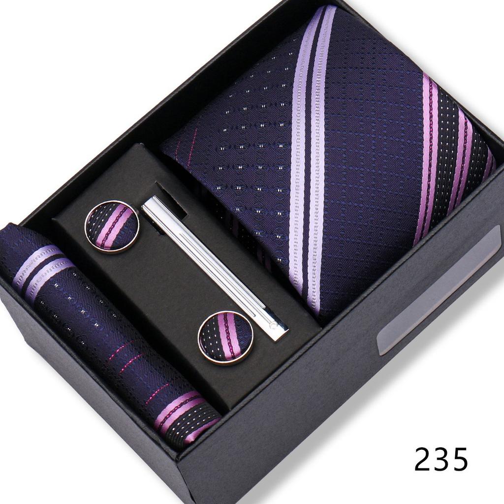 Ensemble Cadeau Boîte Pochette de Costume pour Homme Cravate Rayée Polyester Mode Premium Mariage Affaires