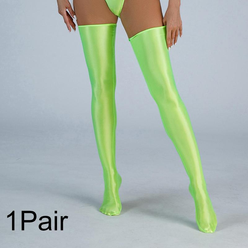 1Pair Lingerie Glossy Nylon Hosiery Oily Women's Shiny Stockings Solid Color Thigh High Socks
