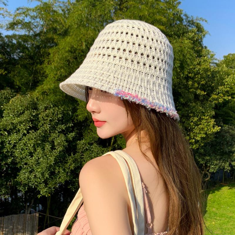 Mesh knitted hollow straw hat summer hat women's sunscreen hat solid color outdoor visor lace fashion bucket hat