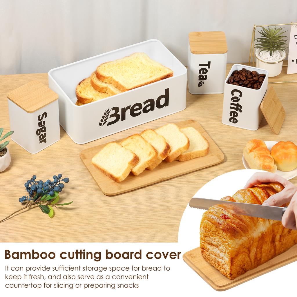 3/4Pcs Bread Bin Tea Coffee Sugar Canisters Set Iron Bread Box Tea Coffee Canisters with Bamboo Lids for Kitchen Bakery and Home