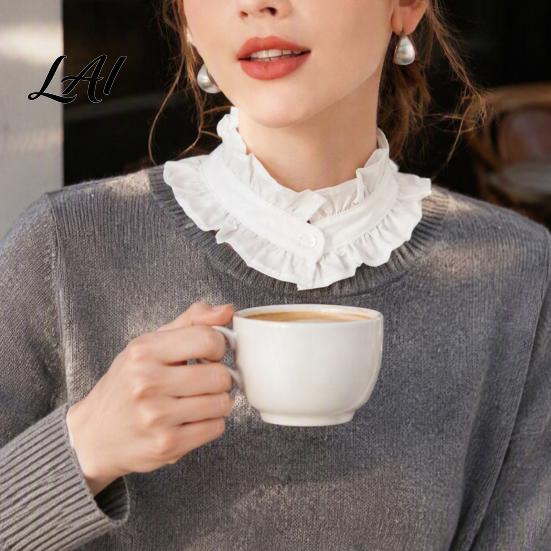 Collared Accessory for Women French Style Ruffled Fake Collar Women Retro Detachable with Sweaters Button Cotton Pleated Dickey Cuffs And