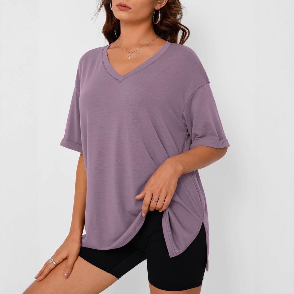 

Весна и Лето Новая Простая и Модная Женская Одежда Однотонный V-образный вырез Короткий рукав Разрез Пуловер Футболка Топ XXL темно-розовый