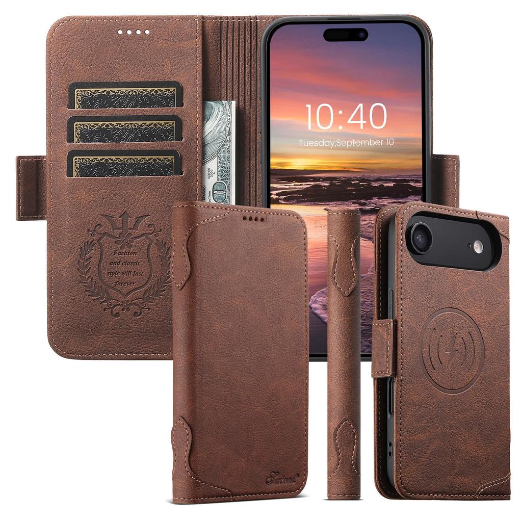 iPhone 17 Pro/Samsung Magnetic Leather Flip Case with Wireless Charging, Card Slot, and Stand