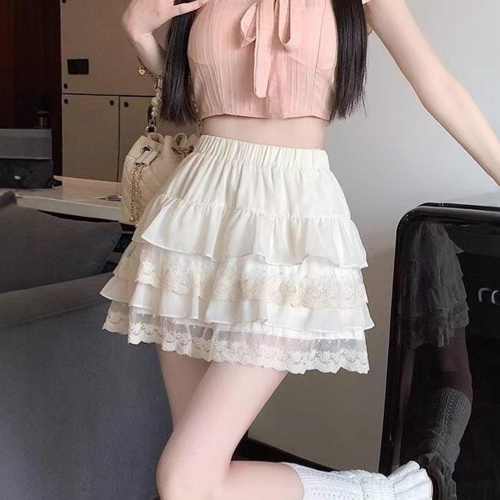 Women's White Lace A-line Midi Skirt - High Waist, Slimming, Princess Style, Summer Fashion, Petite Fit