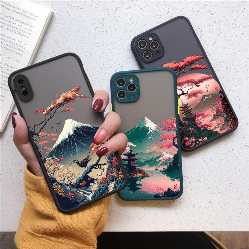 Japanese Aesthetic Mount Fuji Landscape Map Phone Case For iPhone 16 11 XR XS 13 12 14 15 Pro Max Mini SE2 7 8 Plus Shockproof
