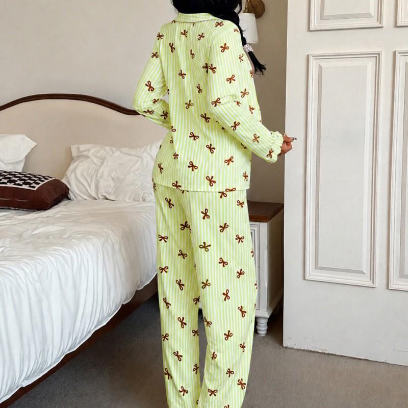 Womens Milk Silk Long Sleeve Cardigan Pajama Set With Collar Striped Bow Detail Winter Home Wear
