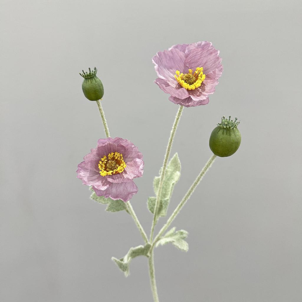 Flocked Poppy Silk Flower - 4-Head Single Stem for Wedding & Home Décor Vase
