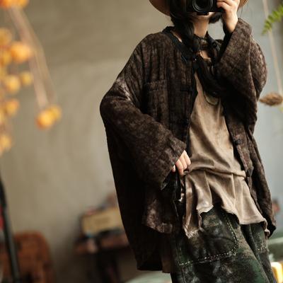 Women Vintage Winter Shirts Tops Thick O-Neck Long Sleeve Button Chinese Style Female Blouses