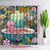 1pc Whimsical Octopus Shower Curtain - Pink Octopus Lounging in Teal Bathtub Amidst Vibrant Flowers & Greenery, Dreamlike Scen