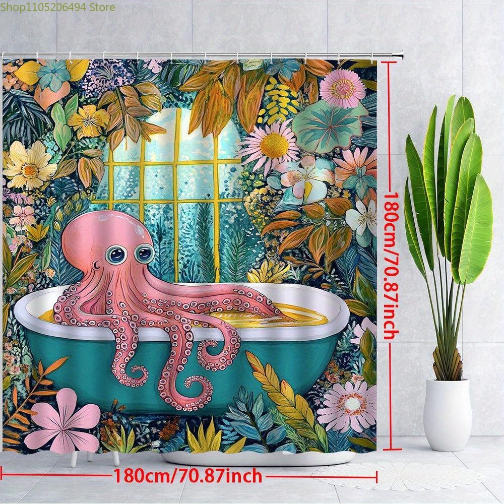 1pc Whimsical Octopus Shower Curtain - Pink Octopus Lounging in Teal Bathtub Amidst Vibrant Flowers & Greenery, Dreamlike Scen