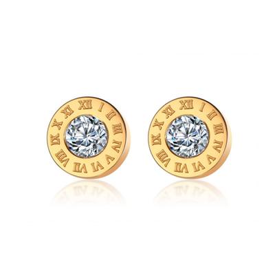 Roman Numeral Round Stud Earrings Women Gold Rhinestone Minimal Fashion Ear Jewelry