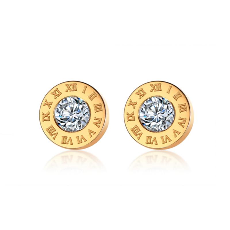 Roman Numeral Round Stud Earrings Women Gold Rhinestone Minimal Fashion Ear Jewelry