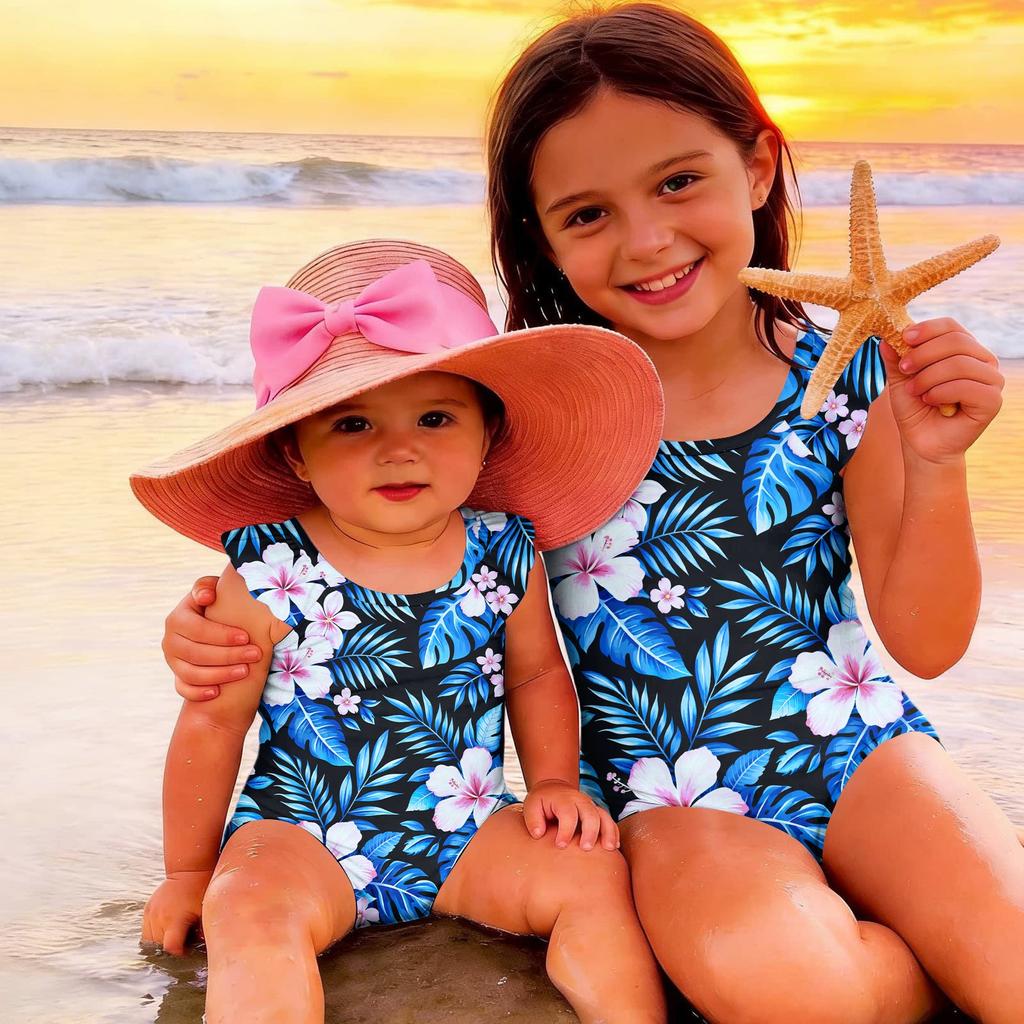 Costume da bagno intero per bambina Estate Stampa Hawaiana Costumi da bagno Bambini Moda Casual Manica a volant Abbigliamento da spiaggia Costume da bagno per bambini
