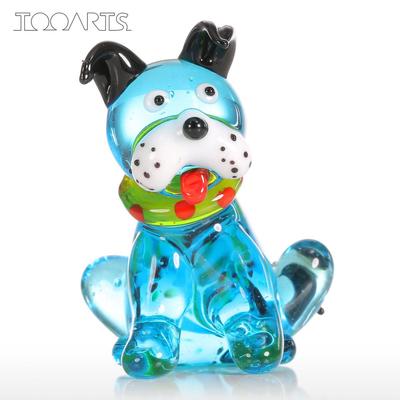 Blue Squatting Dog Gift Glass Ornament Animal Figurine Handblown Home Decor Multicolor