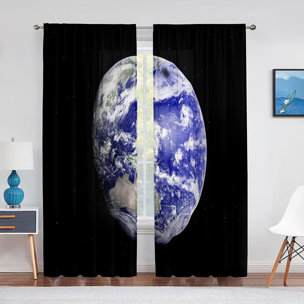 Galaxy Tulle Curtains Blue Red Planets Orbital Ring Stars Outer Space Sheer Voile Curtain for Living Room Bedroom Kitchen Decor